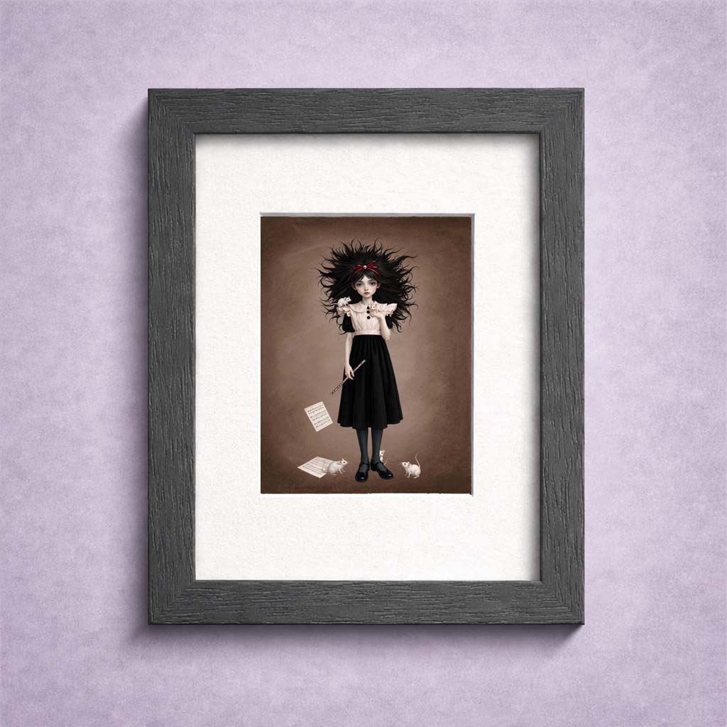 ACEO mini art trading card framed featuring a gothic girl holding a flute with white mice perched on her dress and sheet music at her feet.