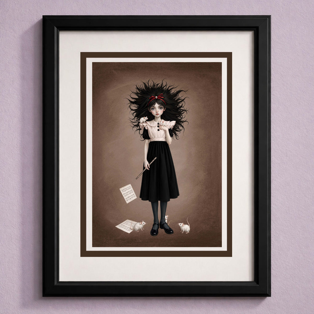 Framed gothic art greeting card featuring a girl holding a flute with white mice perched on her dress.