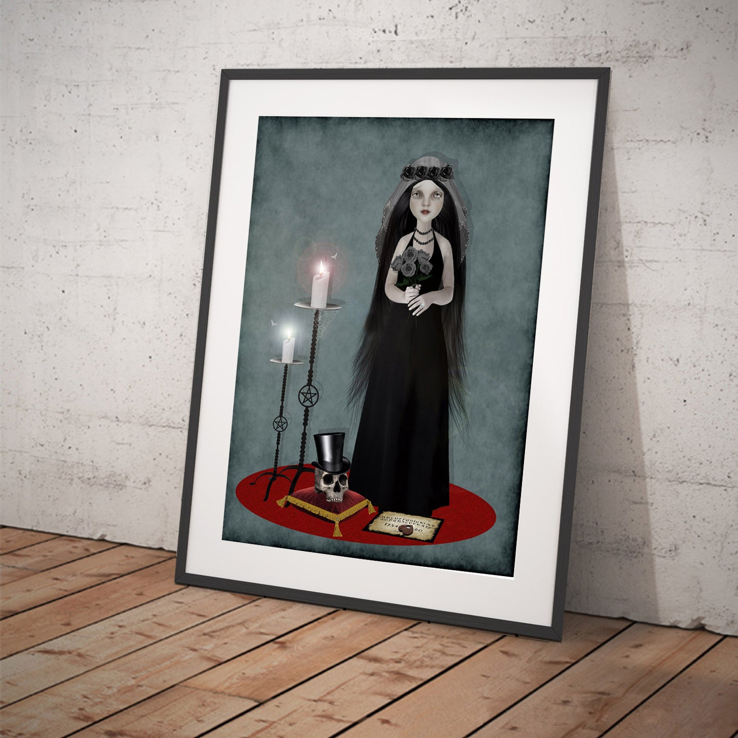 Gothic Bride Art Print. The goth bride takes her vows, a human skull resting beside her on a luxurious red velvet pillow.