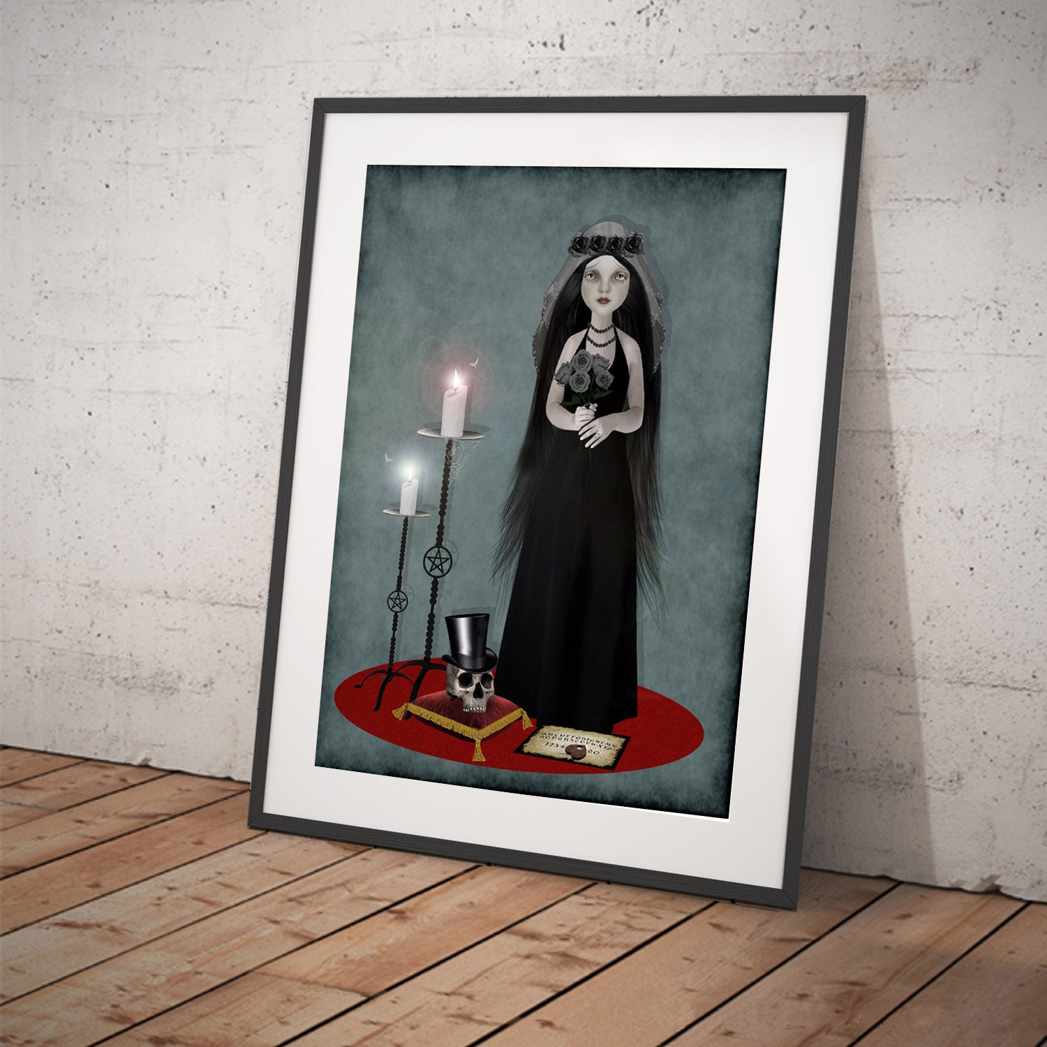 Gothic Bride Art Print. The goth bride takes her vows, a human skull resting beside her on a luxurious red velvet pillow.