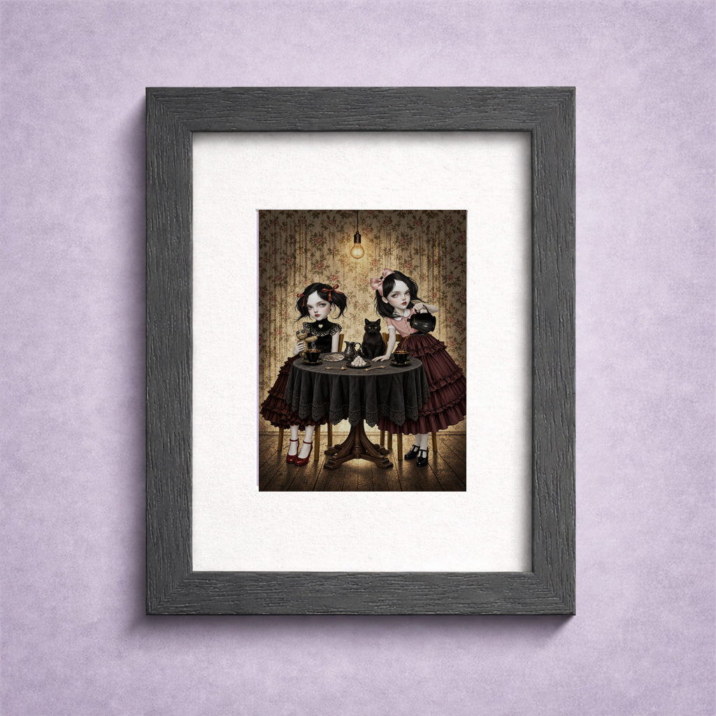 2.5x3.5 inch ACEO miniature art card in small frame featuring two Victorian gothic girls having a dark tea party with a black cat, voodoo doll, and playing cards.