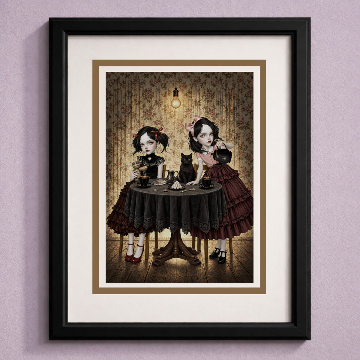 Framed art greeting card with a dark gothic tea party artwork framed in gold,
