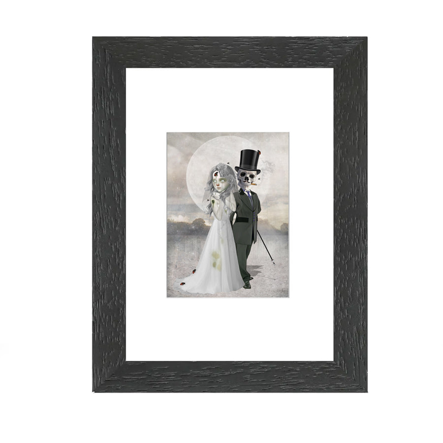 Framed ACEO print of gothic wedding, featuring creepy cute gothic artwork perfect for home decor or art collectors.
