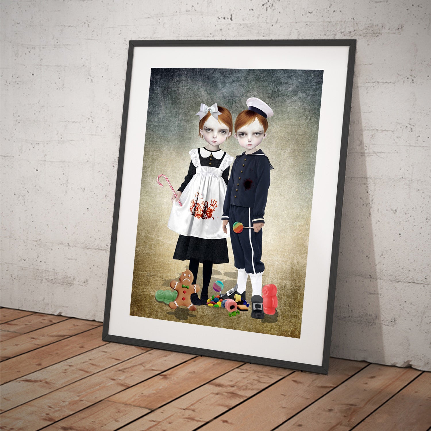  Gothic Fairy tale art print features a creepy and compelling depiction of the infamous villains, Hansel and Gretel. With a darkly whimsical tone, 