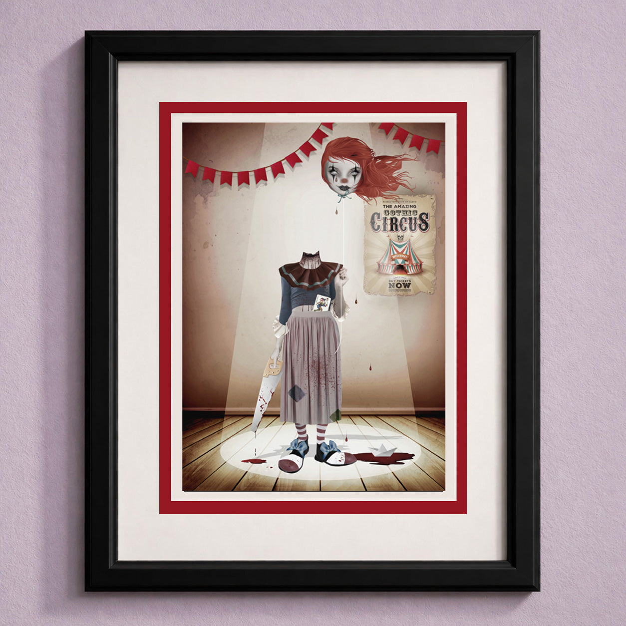 Dark pop surrealism circus greeting card by HarrietsImagination. Features a headless clown girl—blank inside and perfectly ready to frame.