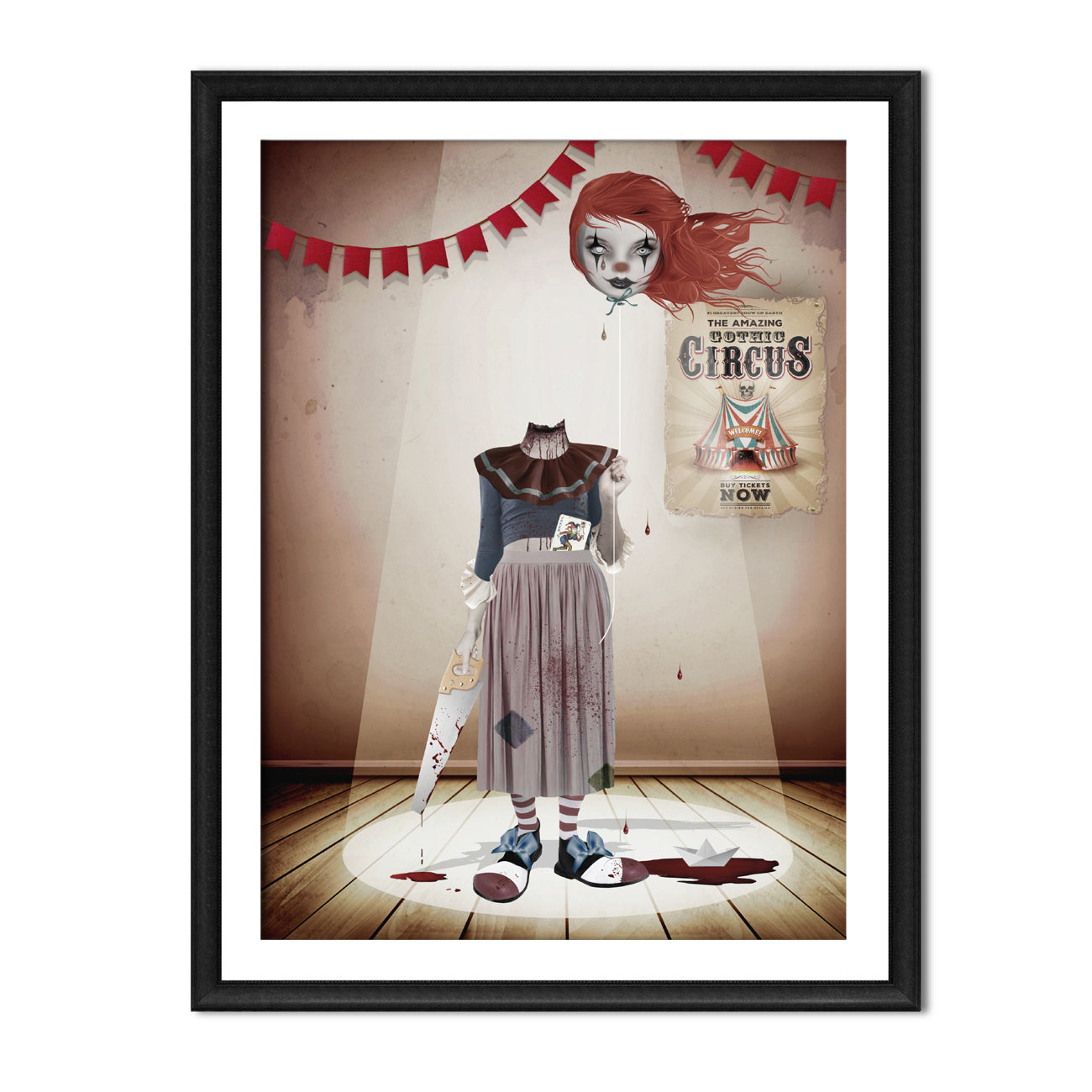 Framed artwork of a headless clown holding a string instead of balloon their head resides.