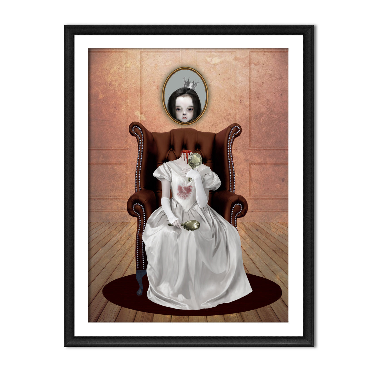 Eerie art print. This haunting piece features a headless lady, gripping a hand mirror, while her portrait looms above