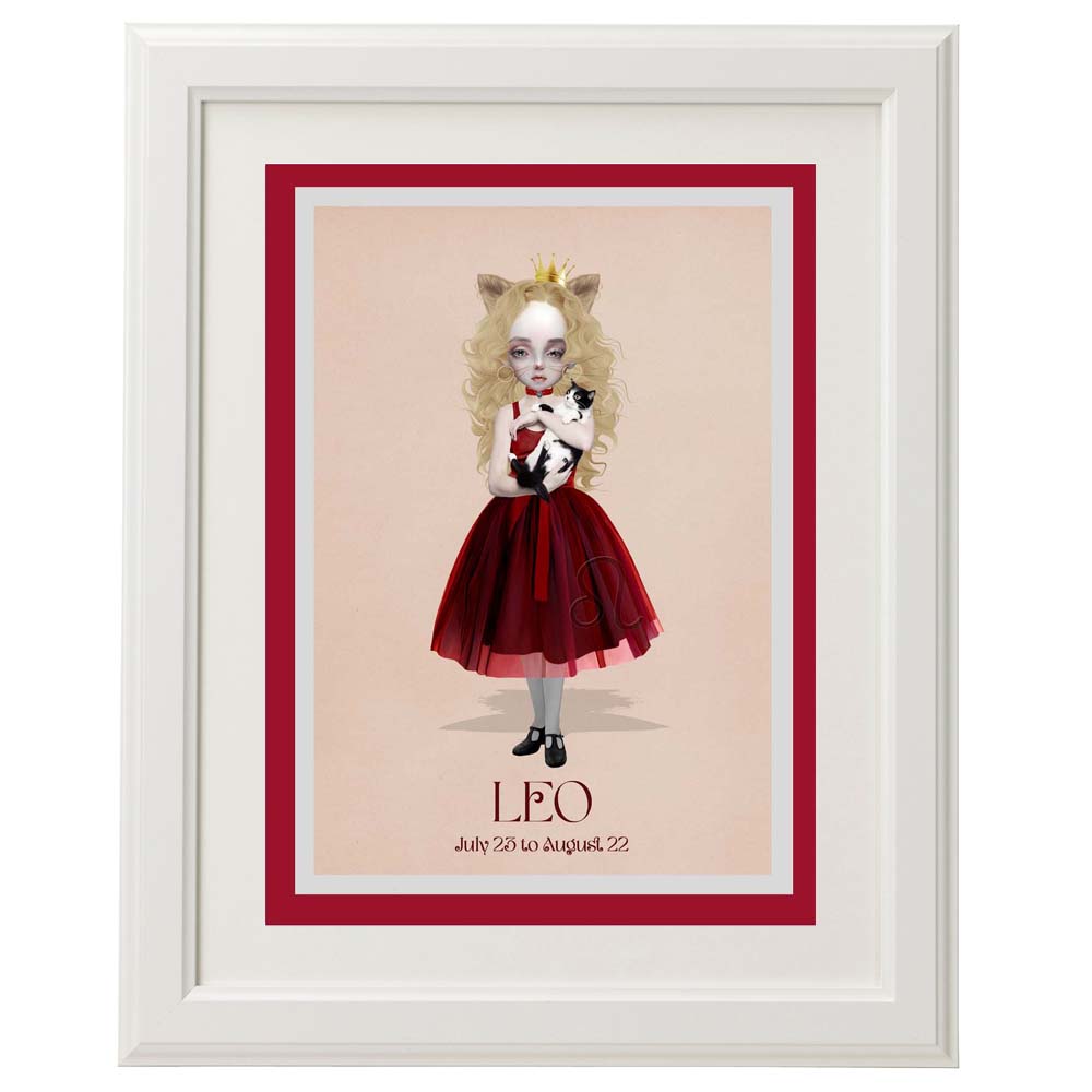Framed Leo girl star sign card – a unique, dark art piece for home décor.