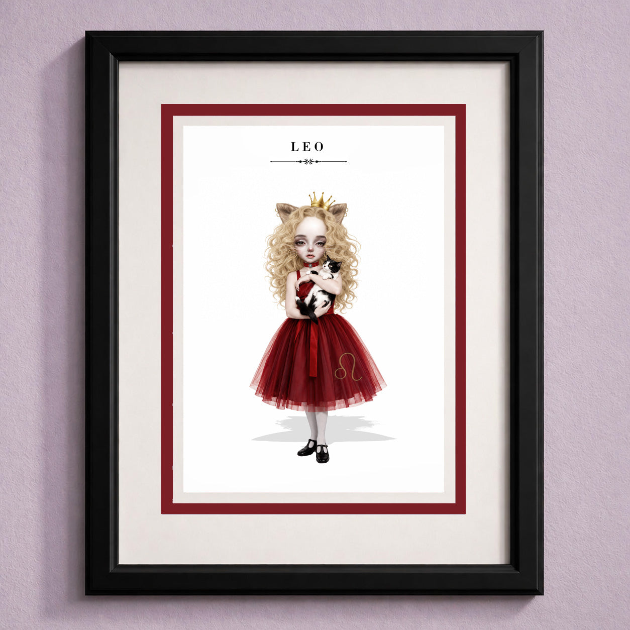 Framed Leo zodiac birthday card featuring an illustration of a blonde maiden with lion ears and a gold crown, wearing a red dress and holding a cat.
