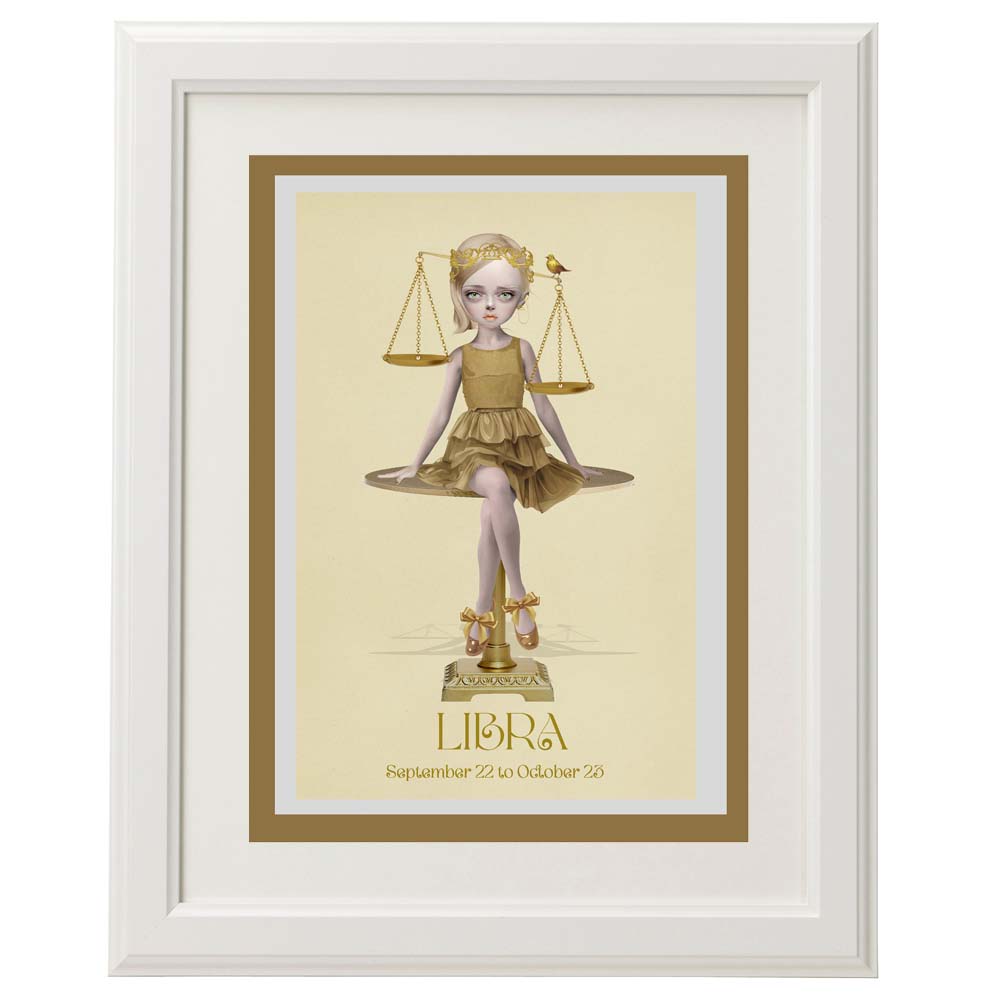 Framed Libra Girl card – a unique, dark art piece for home décor.