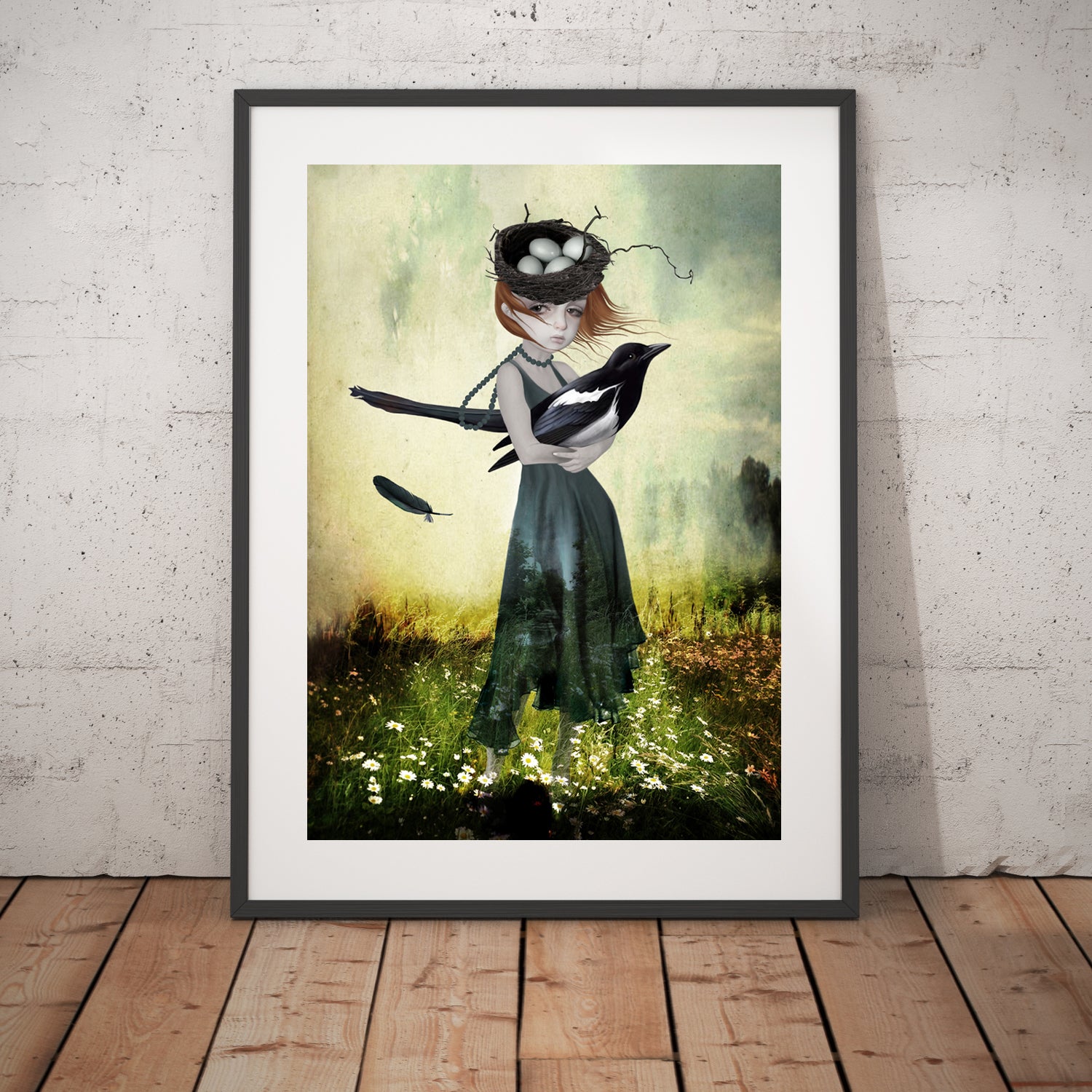 Surrealism art print a girl with a nest on her head, holding an oversized magpie in a field of flowers.