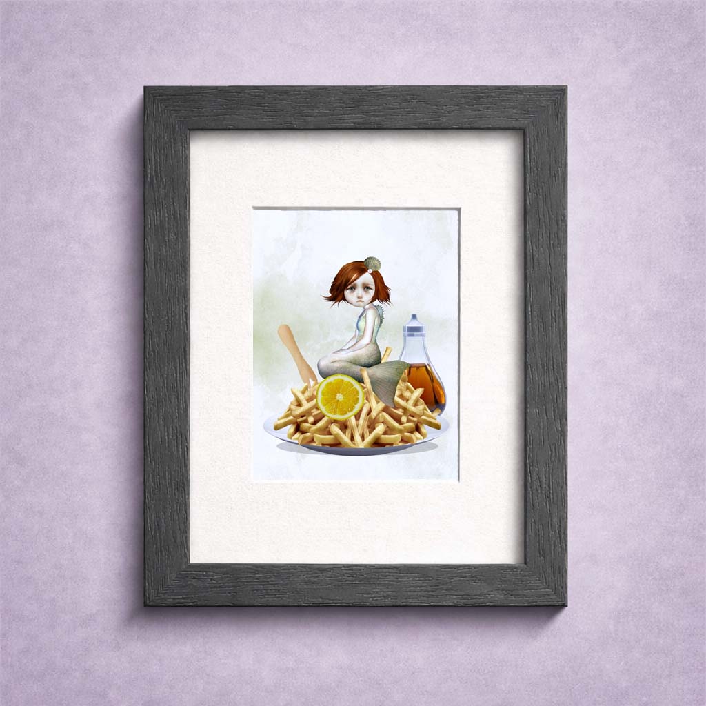 Framed ACEO artwork of a sad mermaid and chips on a diners plate.