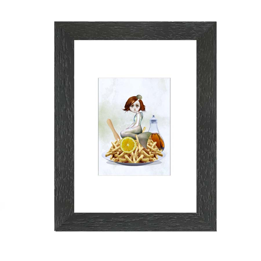 Framed ACEO print of mermaid and chips, featuring quirky artwork perfect for home decor or art collectors.