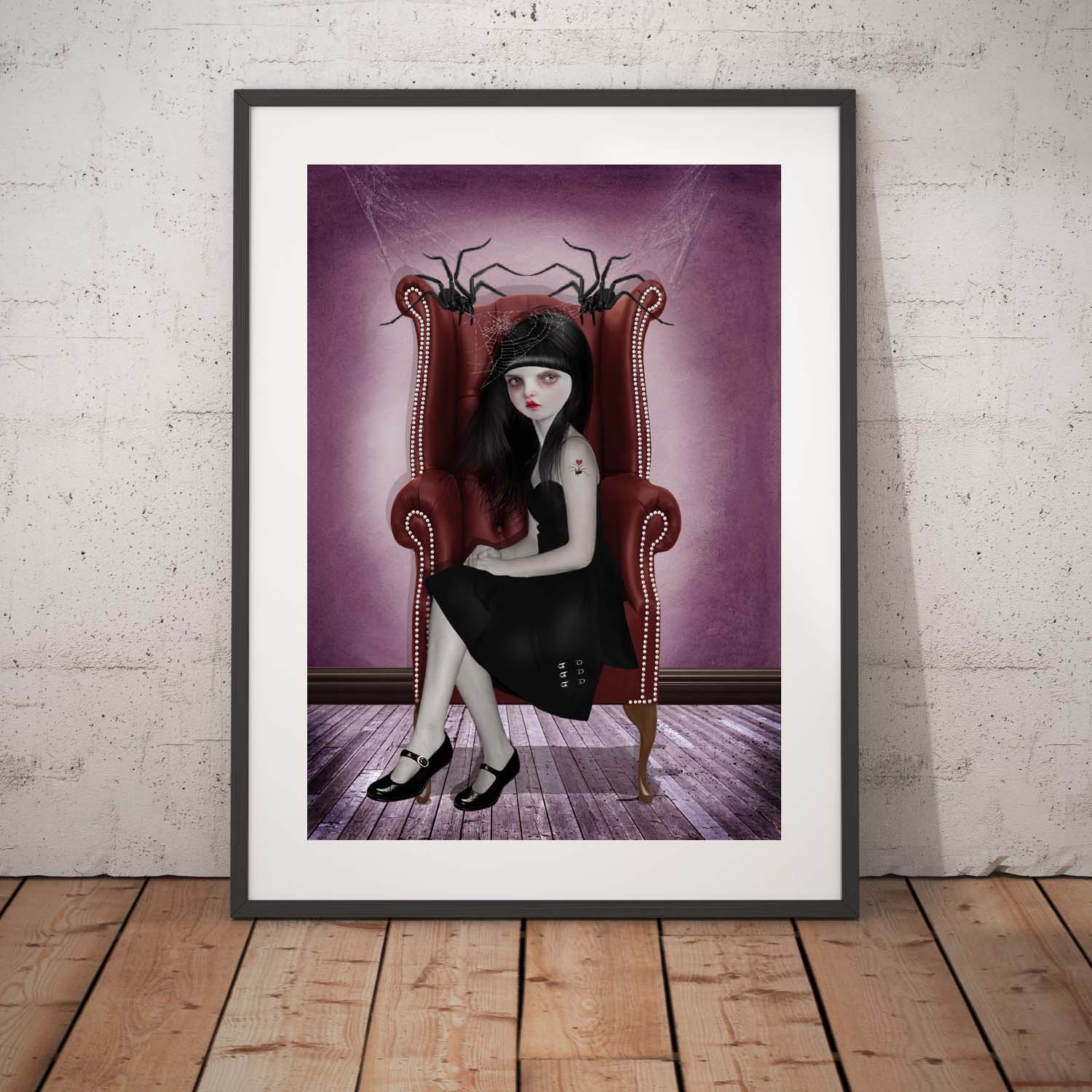 Miss Muffet and spiders framed art print.