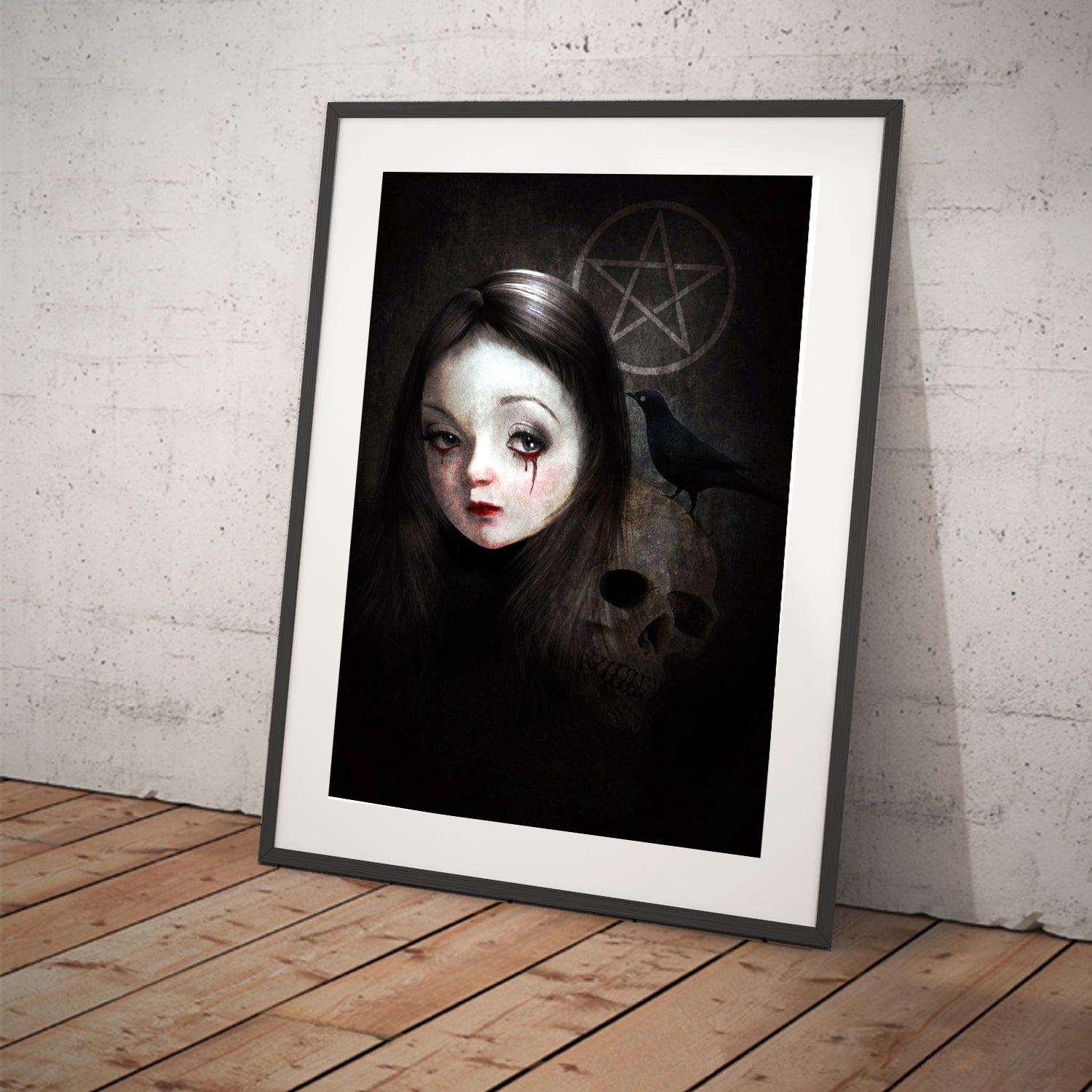 Occult wall art print featuring a goth girl with bleeding eyes, accompanied by a skull and blackbird. With subtle hints of a pentagram in the background