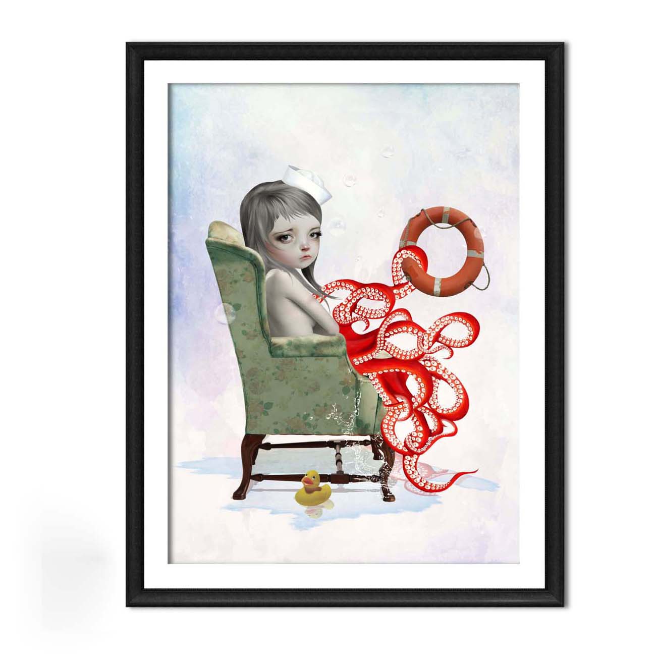 Framed pop surrealism wall art featuring a melancholy octopus girl seated in a vintage chair with whimsical nautical and pastel fantasy details.
