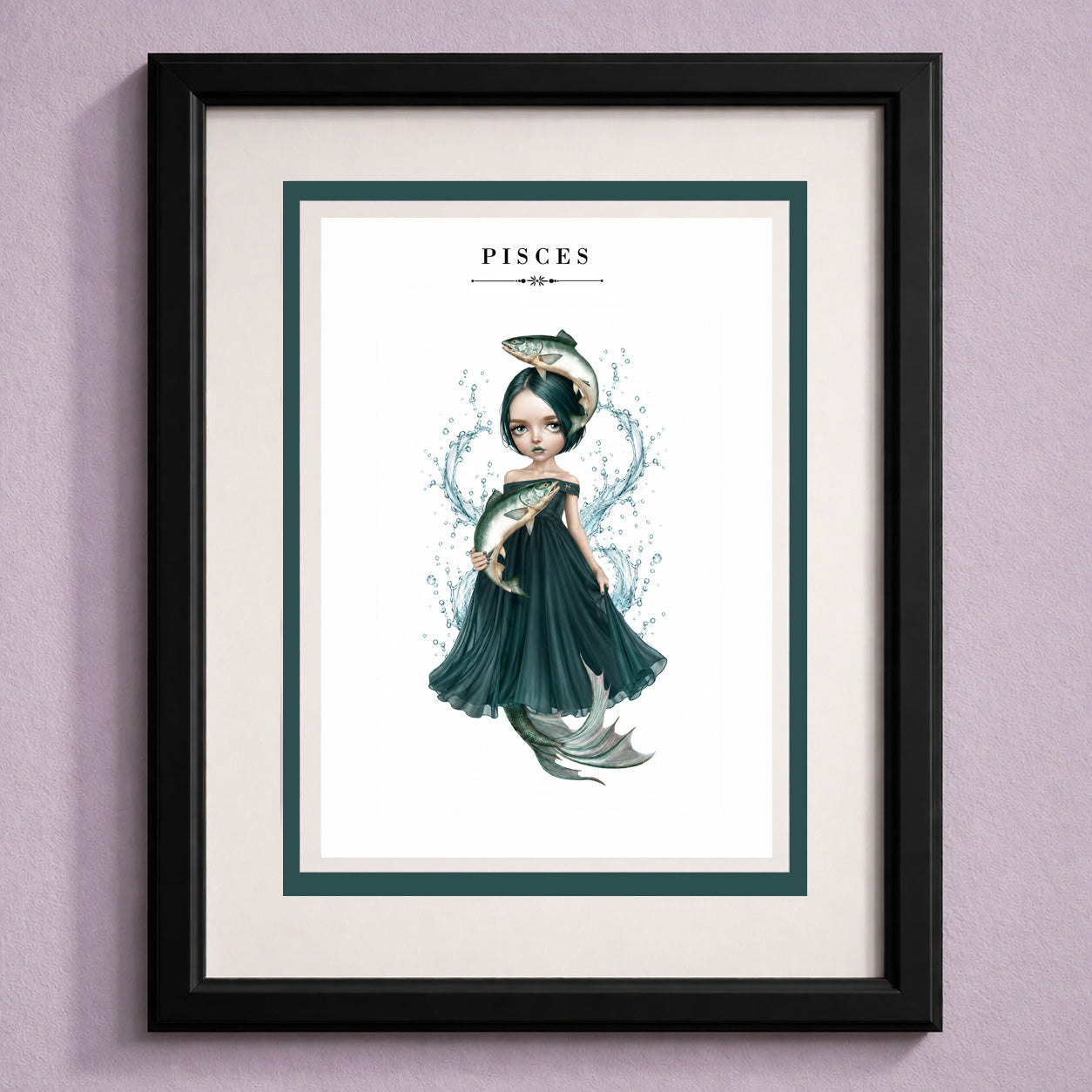 Framed fine art greeting card illustration of a dark-haired Pisces maiden holding one fish with another resting on her head, wearing an off-the-shoulder dark teal gown with a mermaid tail peaking from the hem amid splashing water bubbles.