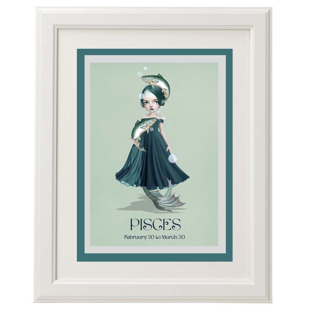 Framed Pisces girl star sign card – a unique, dark art piece for home décor.