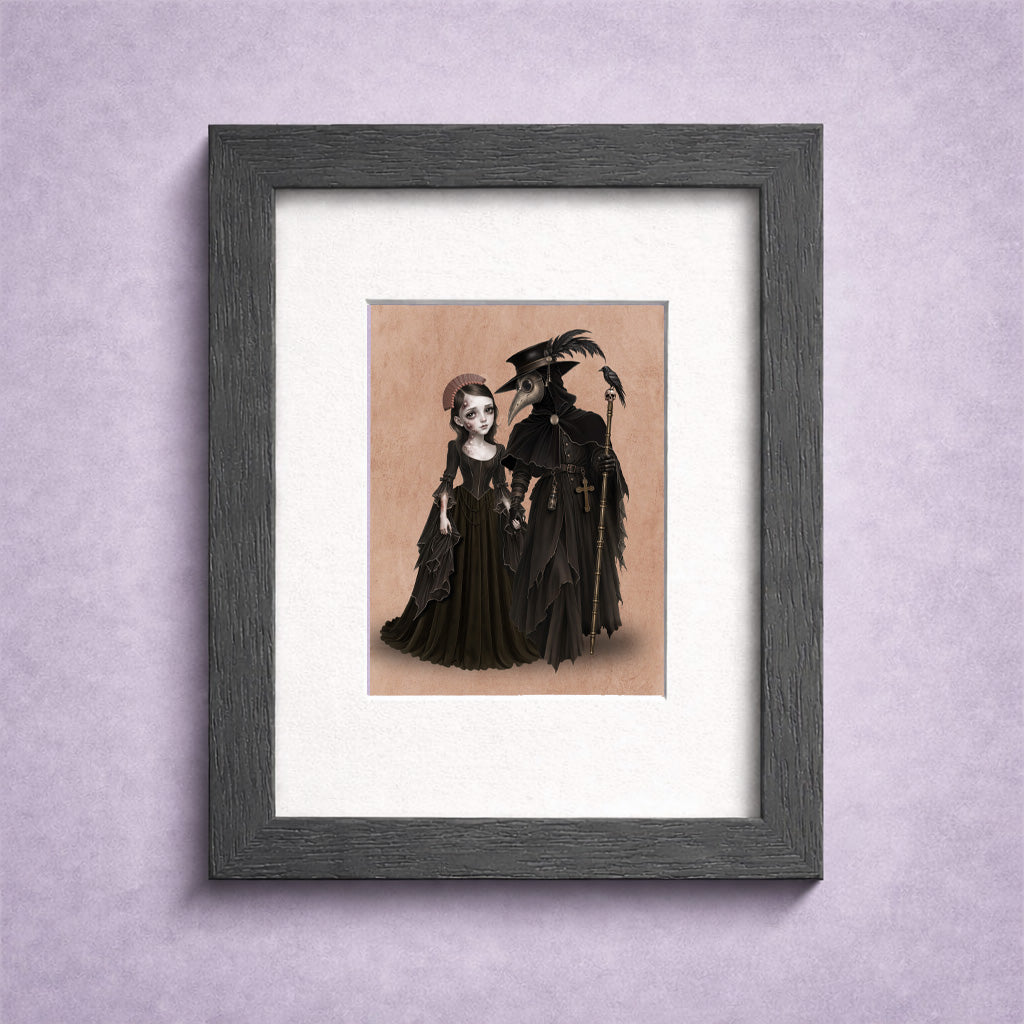 Framed ACEO mini art trading card featuring a gothic plague doctor holding hands with a dark maiden beside a crow perched on a skull staff.