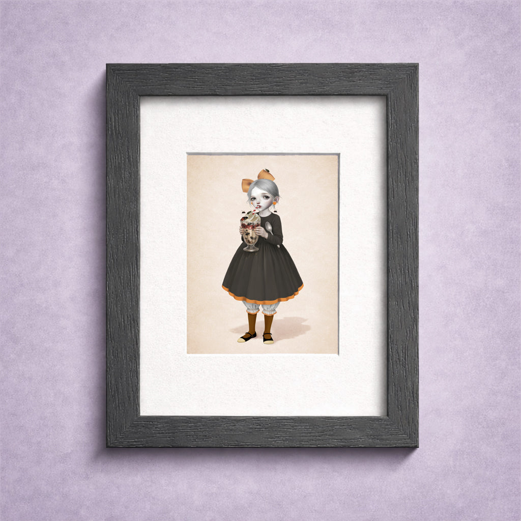 Framed ACEO card featuring a girl with a beetle sundae.