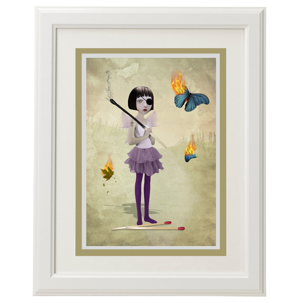 Pop Surrealism greeting card featuring a fire fairy and butterfly, displayed in a frame.