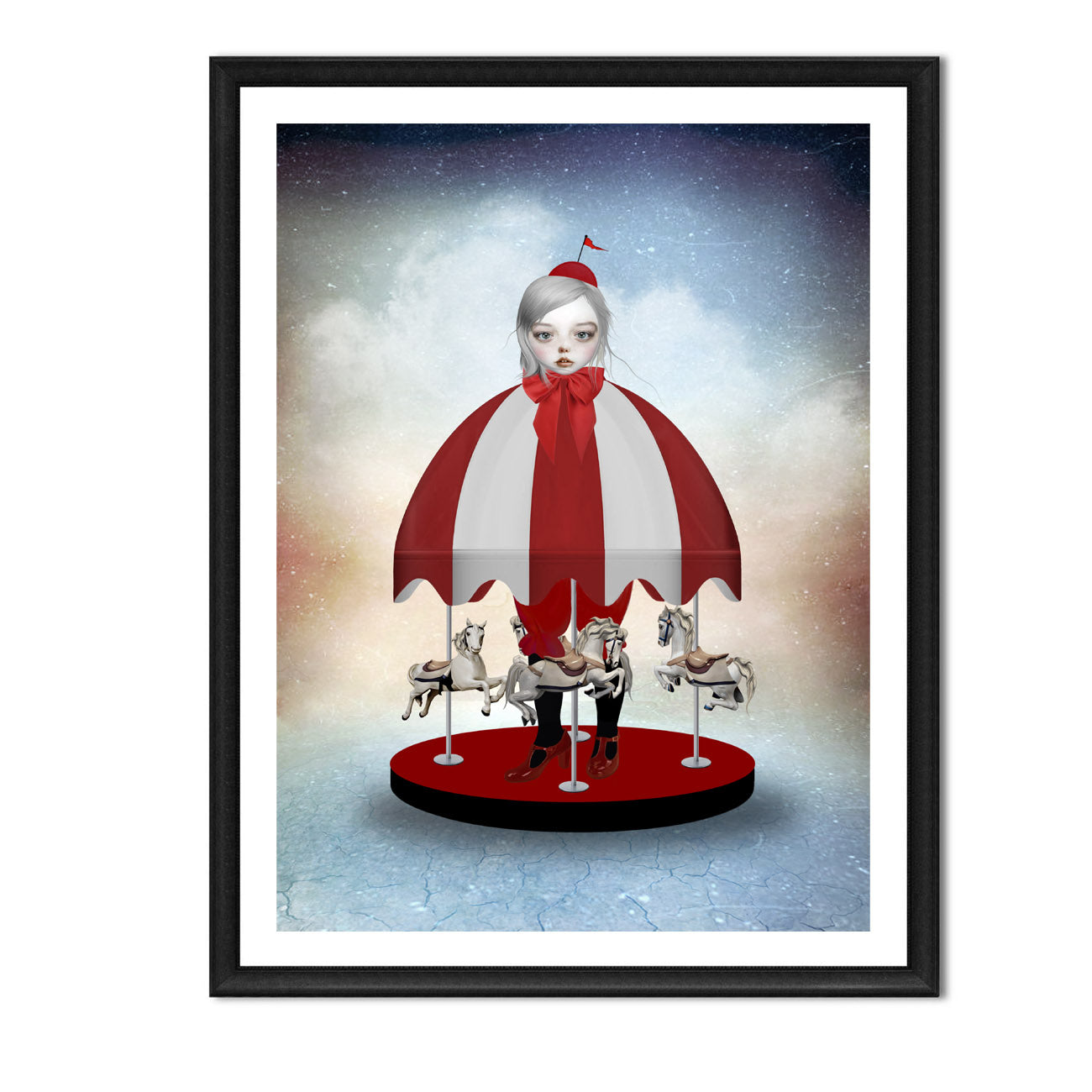 Framed pop surrealism art print of a whimsical carousel girl surrounded by carousel horses, blending fantasy and charm.