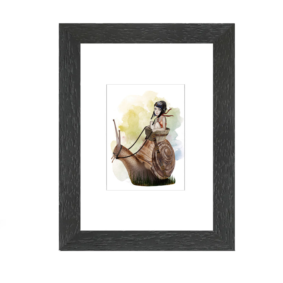Framed pop surrealism ACEO, showcasing a girl riding on the back of an oversized garden snail. 