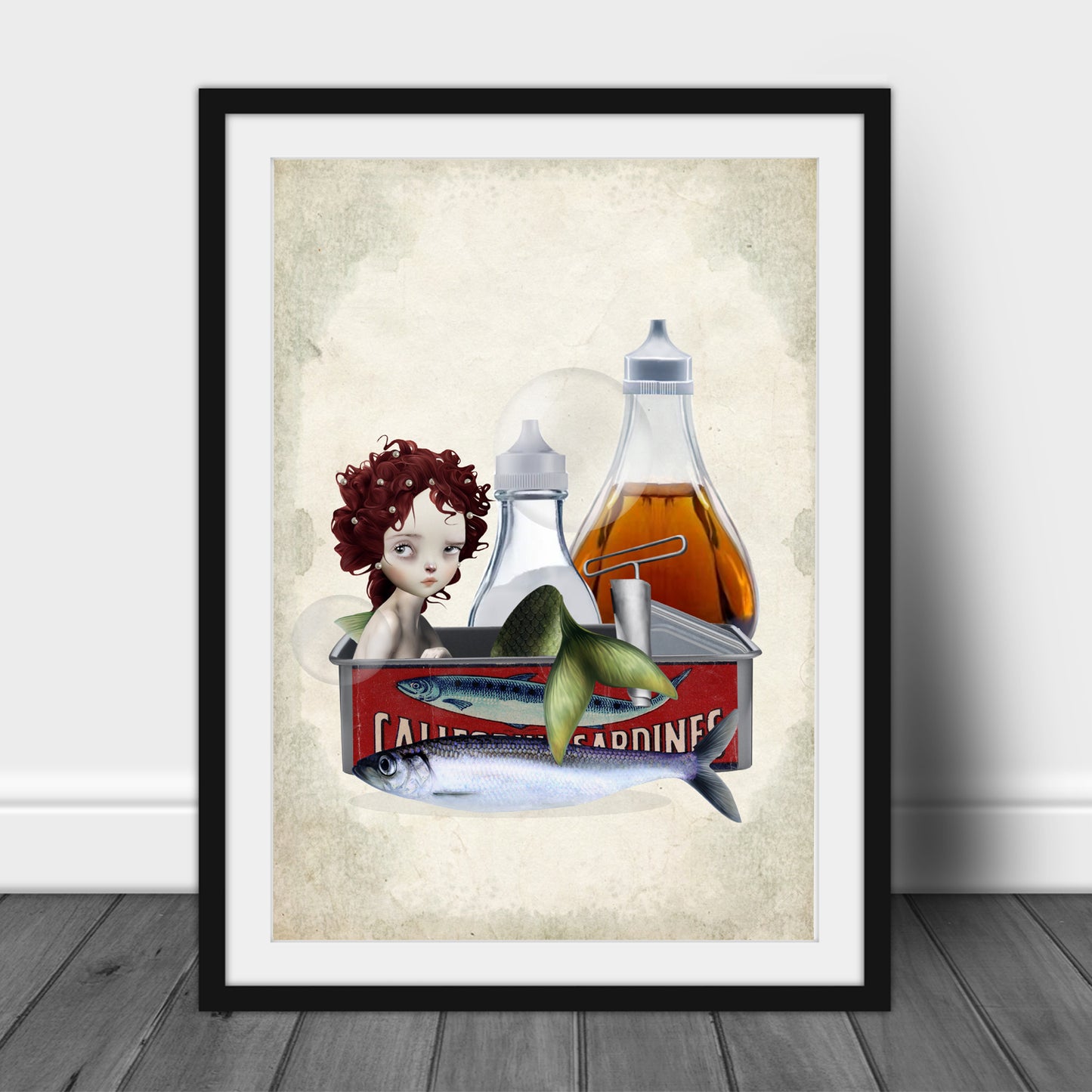 Pop surrealism Art Print adds an edgy touch to any home decor. Features a sad little mermaid trapped in a sardine can surrounded by condiments, such as salt and vinegar.