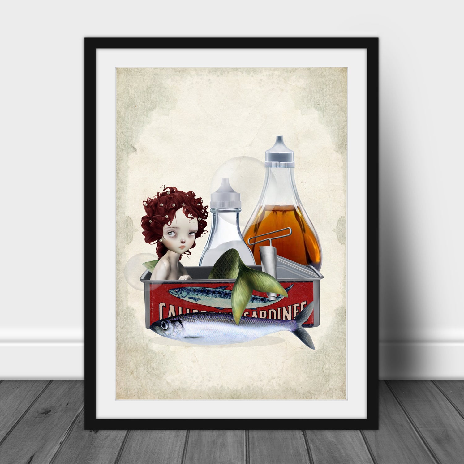 Pop surrealism Art Print adds an edgy touch to any home decor. Features a sad little mermaid trapped in a sardine can surrounded by condiments, such as salt and vinegar.