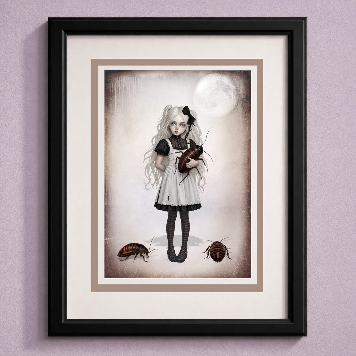 Framed greeting card, featuring dark surrealism art of a gothic girl holding a giant cockroach