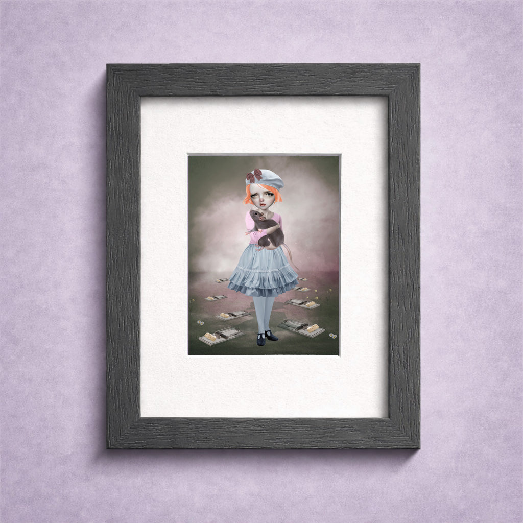 Framed ACEO art card of a quirky girl holding an oversized rat keeping him safe from all the mouse traps surrounding them.
