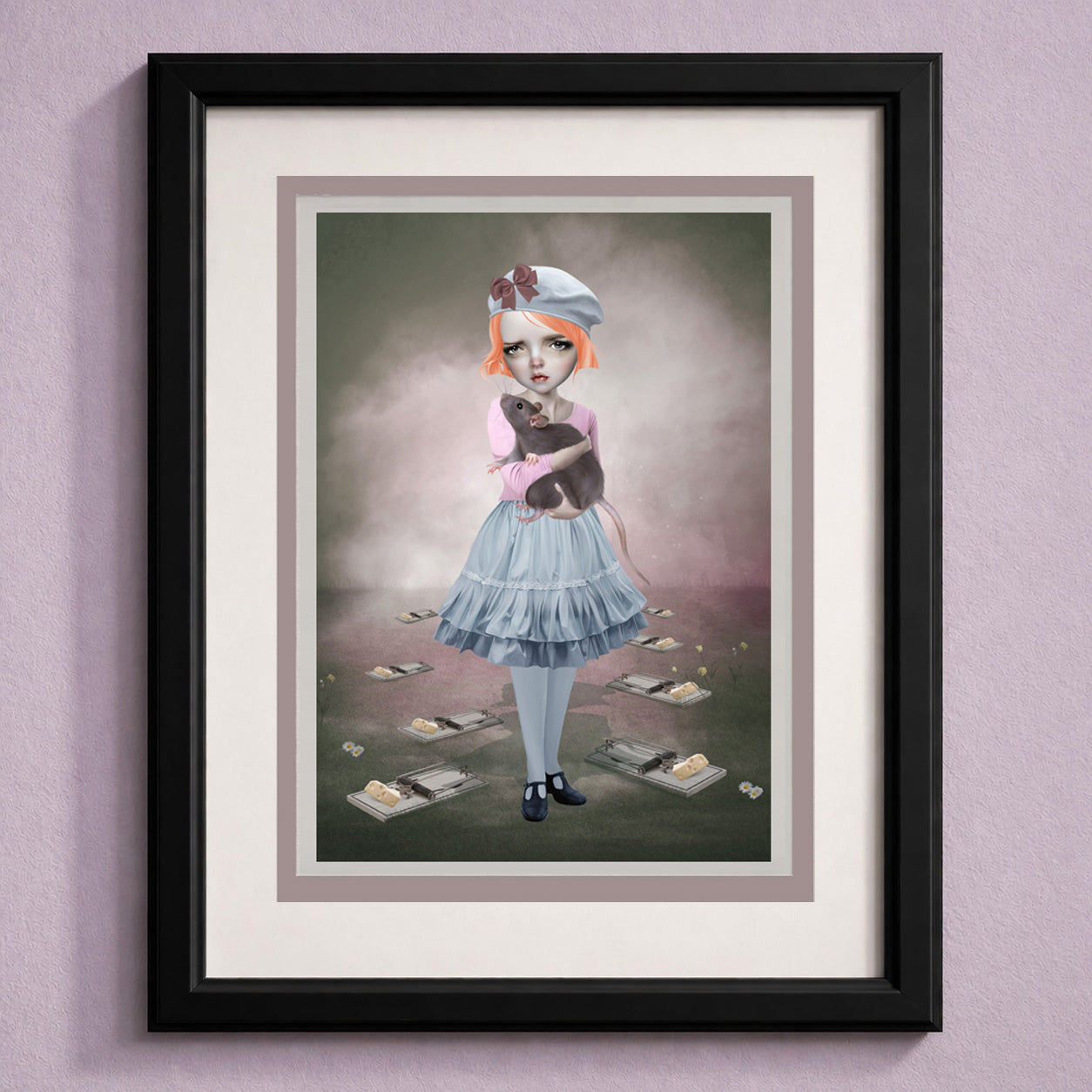 Framed art greeting card of a girl with red hair holding an oversized rat displayed on a purple wall.