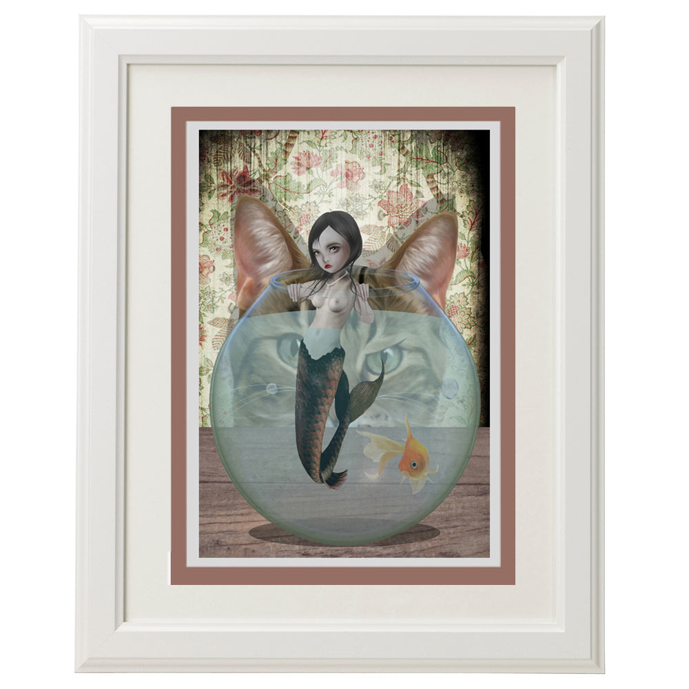 Quirky Mermaid And Cat Art Greeting Card, Perfect for framing as home decor.