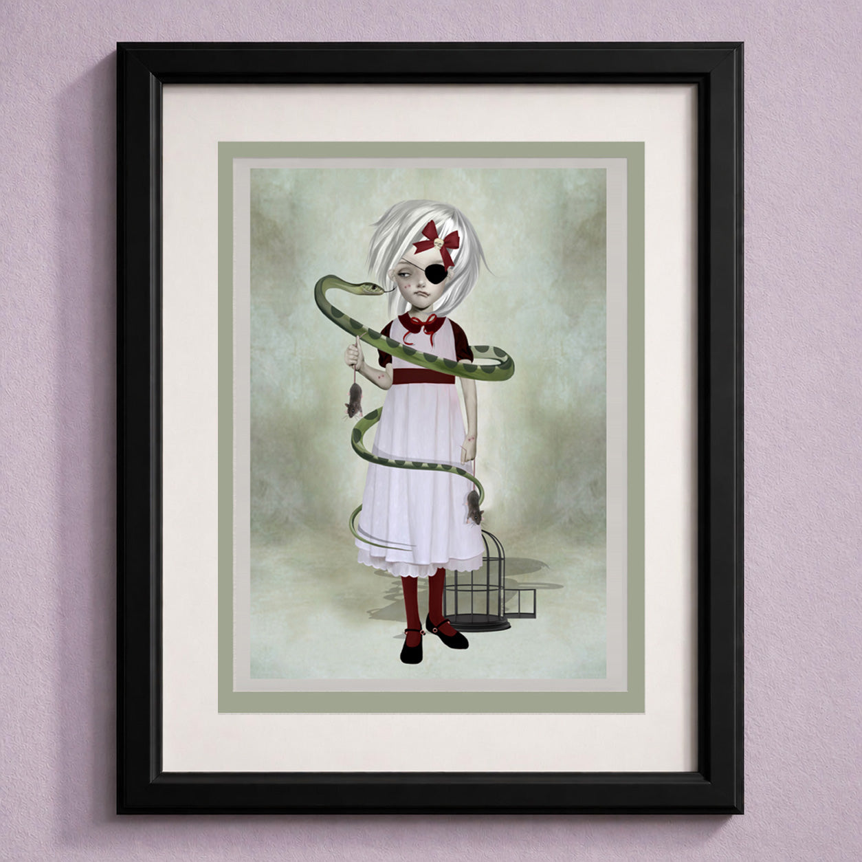 Framed art greeting card of a girl with a snake on a light purple wall