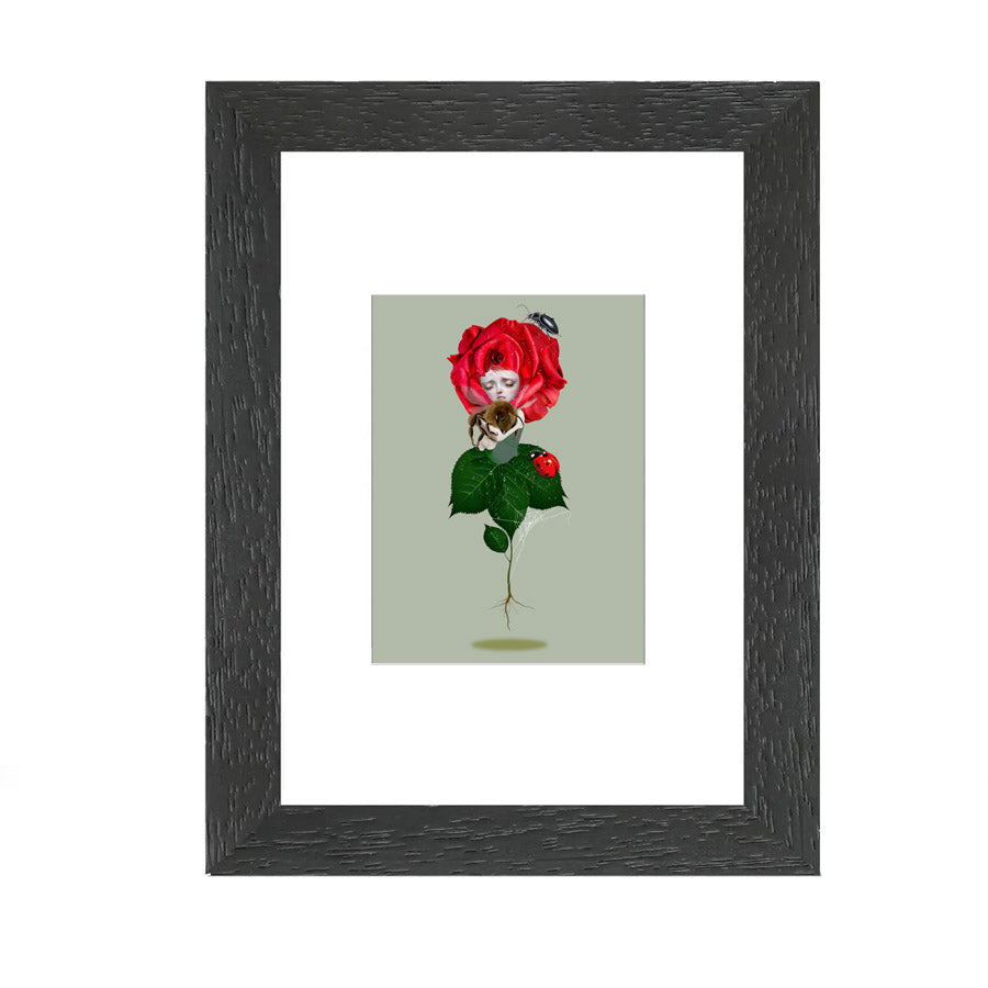 This collectible miniature features a delicate red rose caressing a bumblebee framed for display.