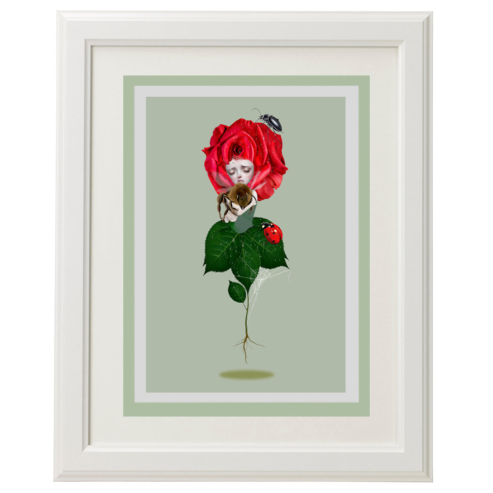 Red Rose And Bumblebee Art Greeting Card, perfect for framing as home decor.