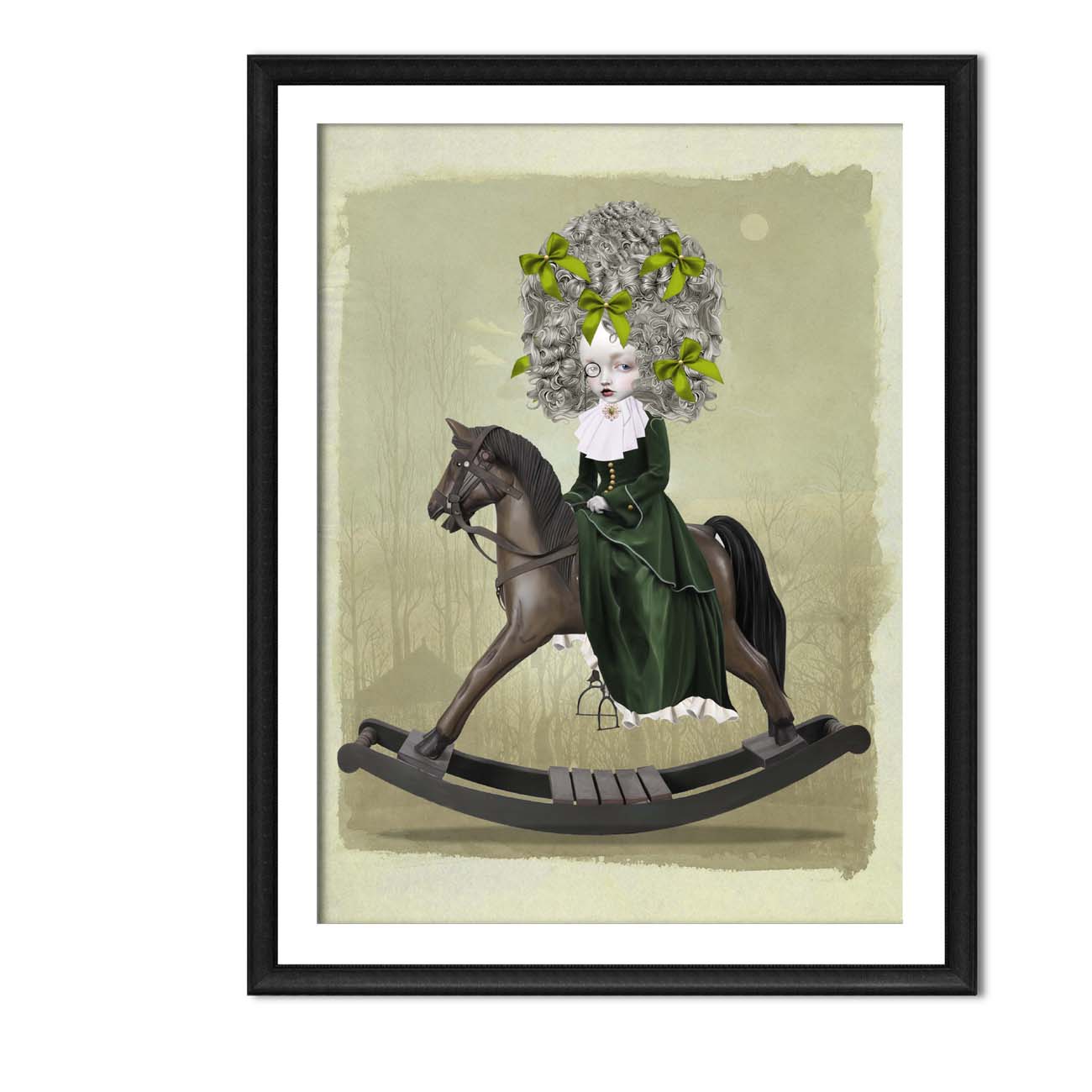 Art print of a rococo girl riding a rocking horse, leaning against a wall, creating a rococo vintage atmosphere with surreal elements.