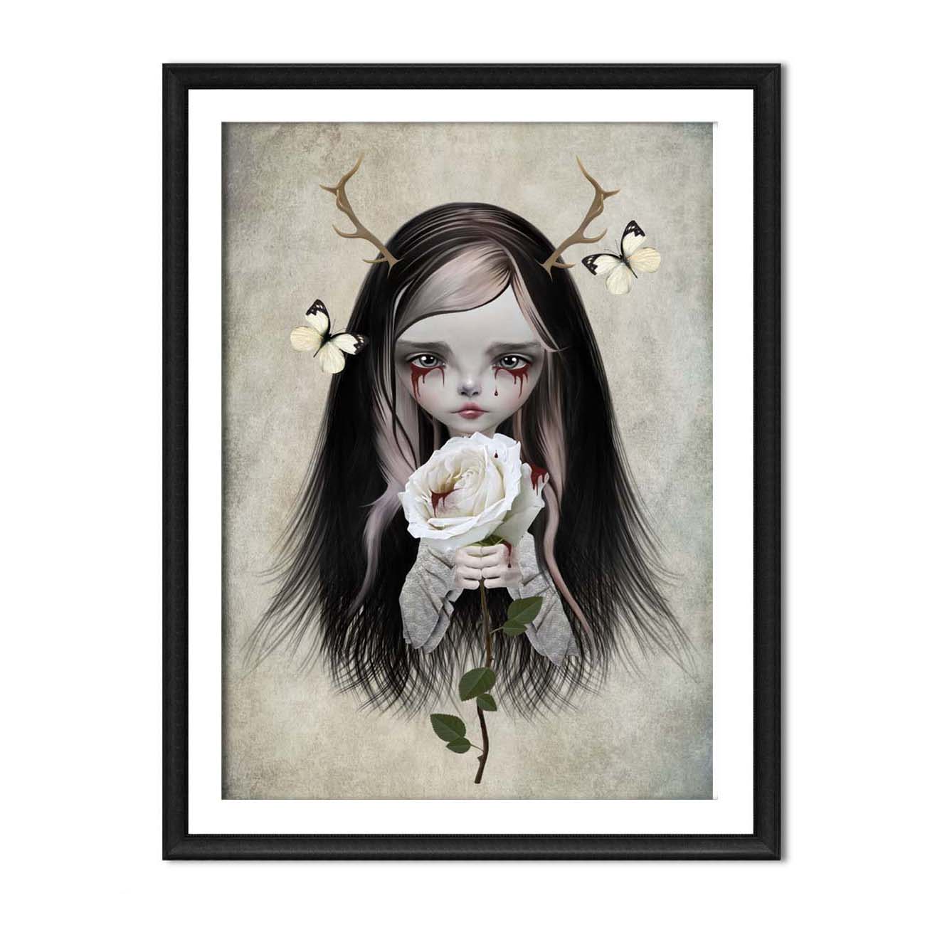 Framed gothic fairy tale art print, image is a girl with antlers and bleeding eyes, gripping a white bloody rose her name is Rose Red.
