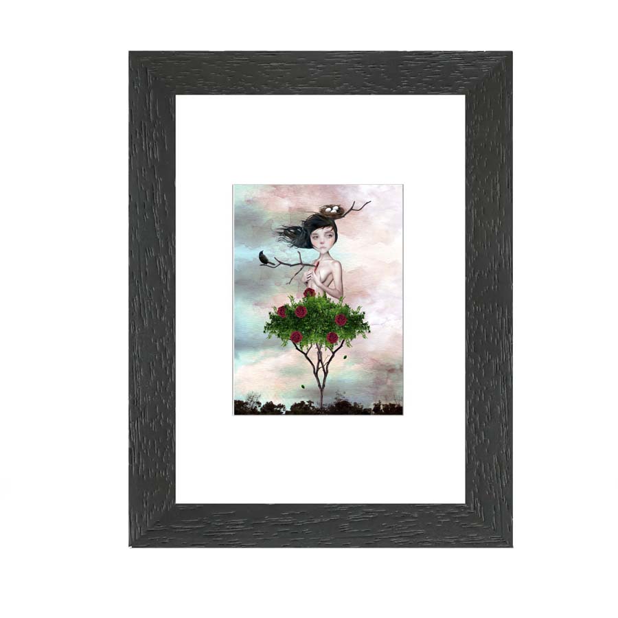 Surreal Art ACEO depicts a girl with a rose tree for legs, as a branch pierces her chest. 