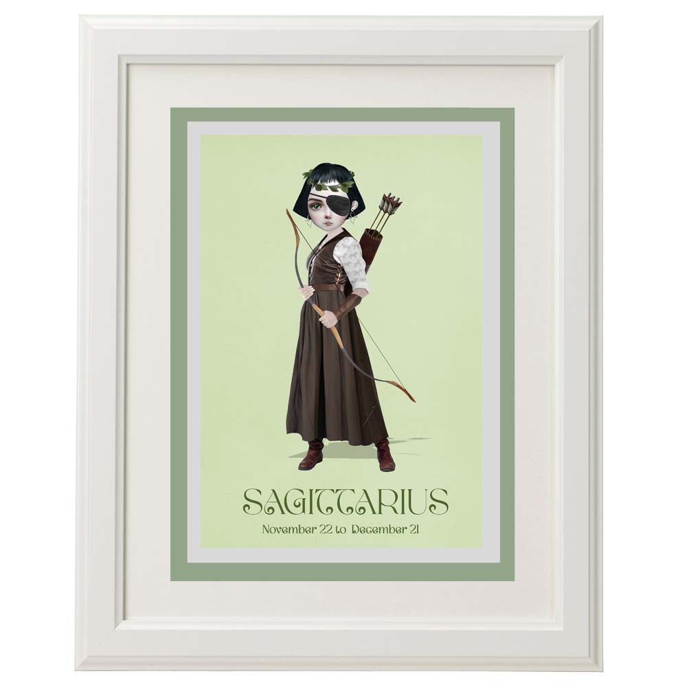 Framed Sagittarius girl card – a unique, astrology art piece for home décor.