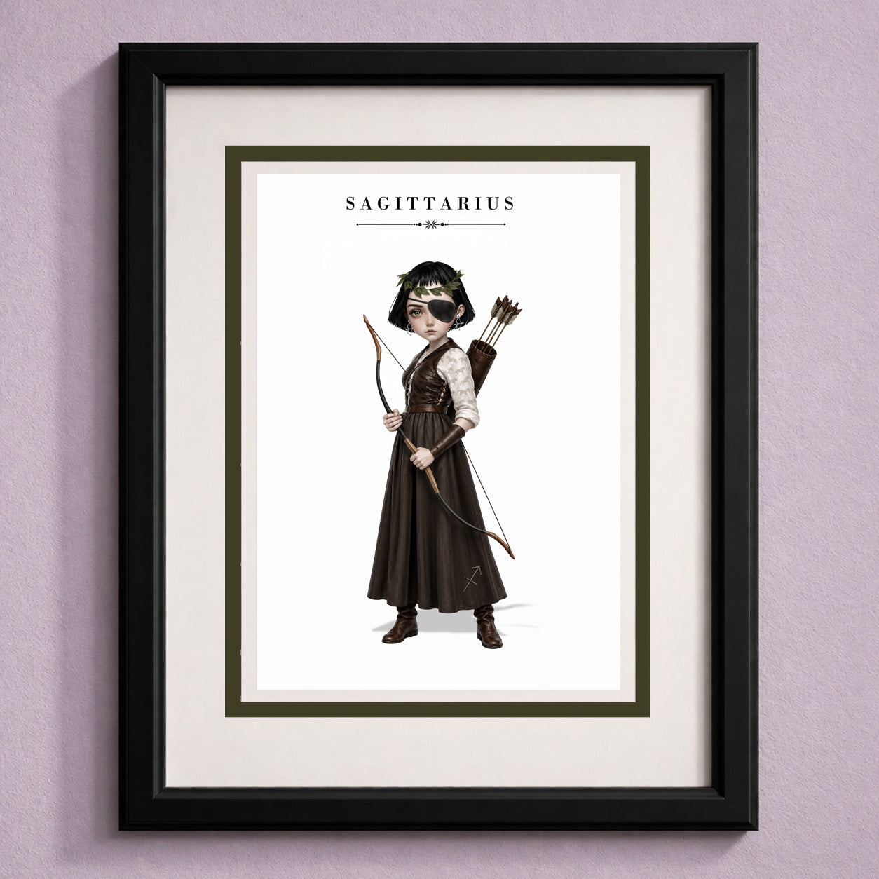Framed Sagittarius zodiac birthday card  featuring an illustration of a short-haired maiden archer with an eyepatch, holding a bow and arrow quiver