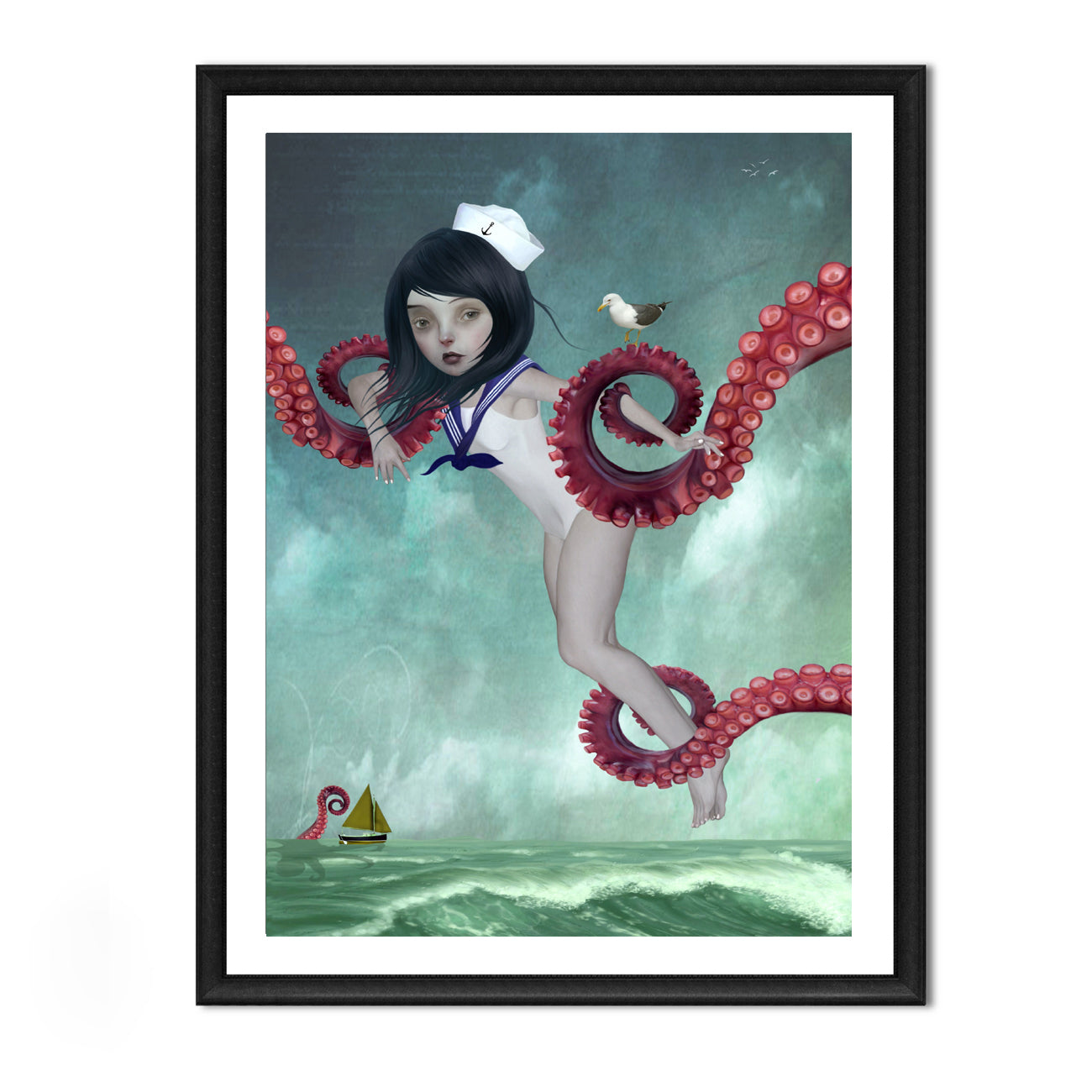 Framed art print of a sailor girl, surrounded by octopus tentacles, set against a white background in a sleek black frame