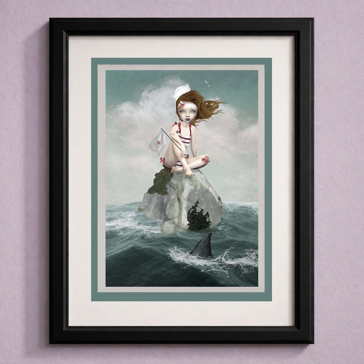 Maritime pop surrealism greeting card by HarrietsImagination. Features a stranded sailor girl and shark—blank inside and perfectly ready to frame.