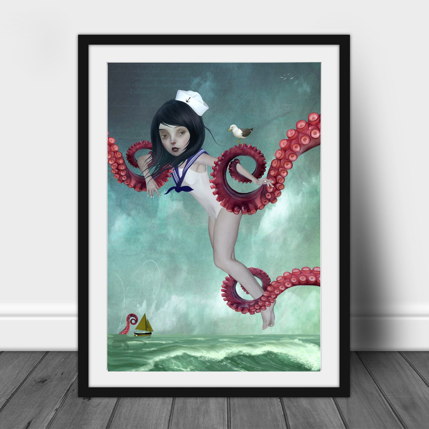 Framed art print of a sailor girl, surrounded by octopus tentacles, displayed in a black frame.