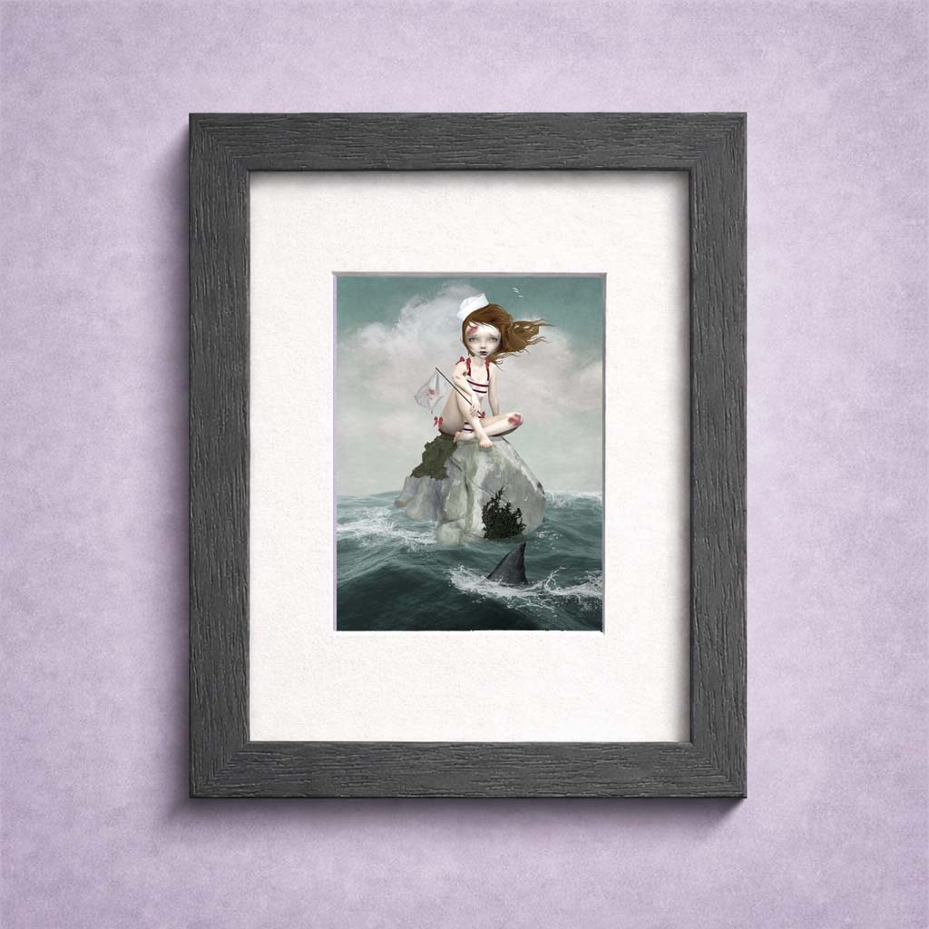 maritime pop surrealism features a wounded sailor girl stranded at sea in a small frame.
