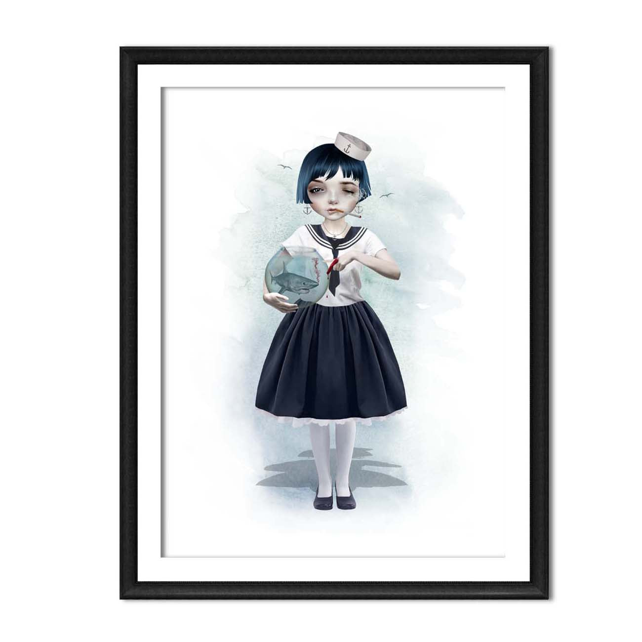 Quirky art print, a sailor girl, casually smoking a cigarette, holding a goldfish bowl with a miniature shark swimming inside.