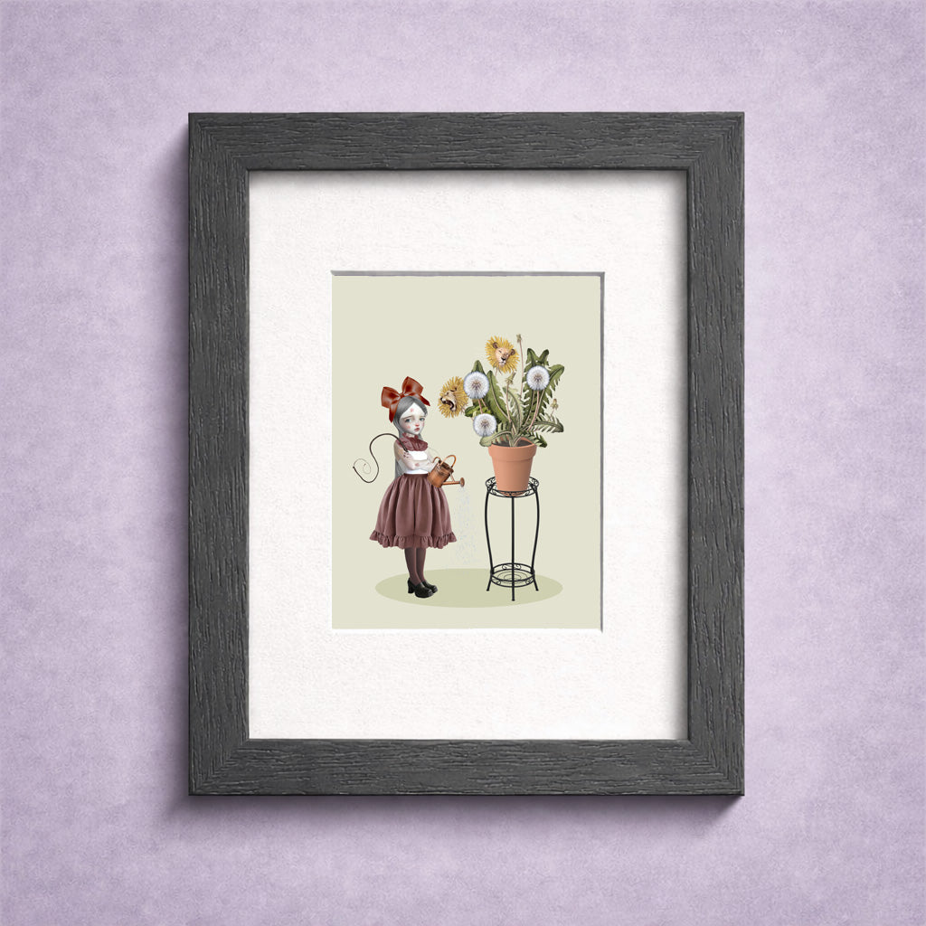 Framed surreal ACEO art card features a striking, surreal illustration of a girl tending to a potted plant where vibrant dandelions transform into roaring and sleeping lions.