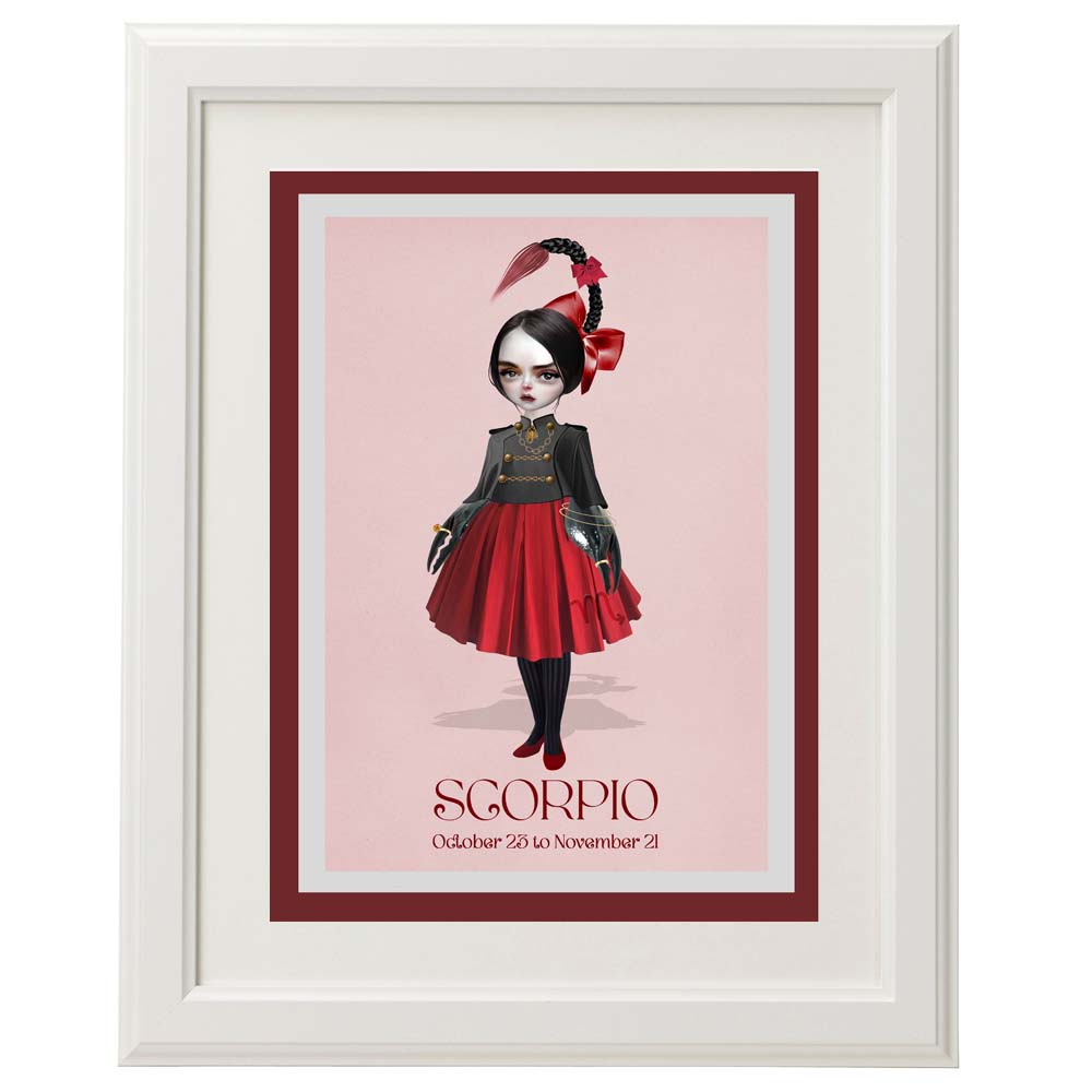 Framed Scorpio girl card – a unique, art piece for home décor.