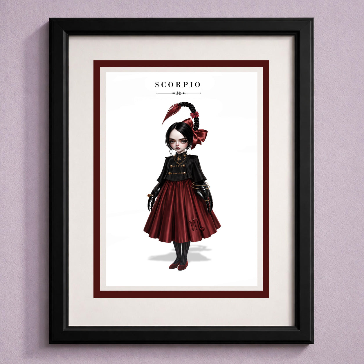 Framed Scorpio zodiac birthday card featuring an illustration of a gothic maiden with dark hair styled into a scorpion tail braid, wearing a black and deep red dress.