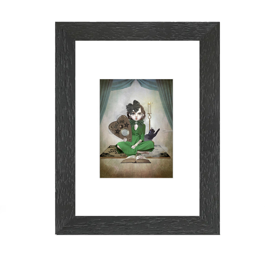Framed ACEO print of a seance, featuring creepy cute gothic artwork perfect for home decor or art collectors.